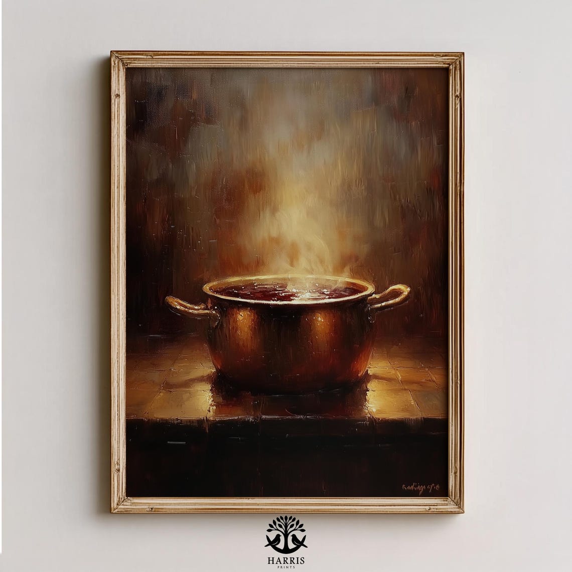 Steaming Copper Pot Warm Rustic Kitchen Moody Oil Painting Print