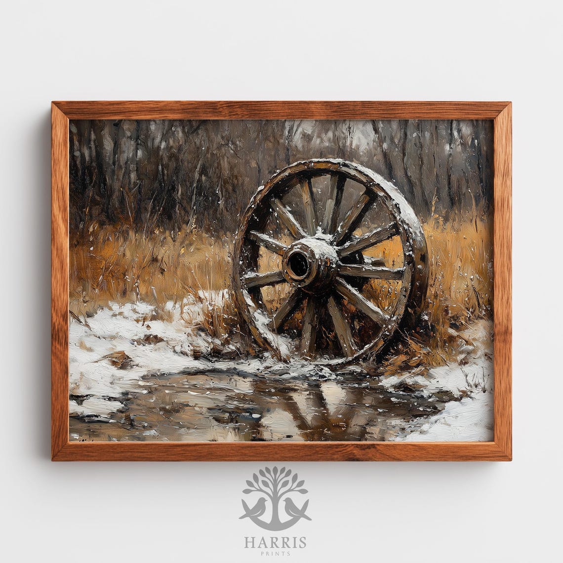 Rustic Wagon Wheel Snowy Field Vintage Winter Painting Poster