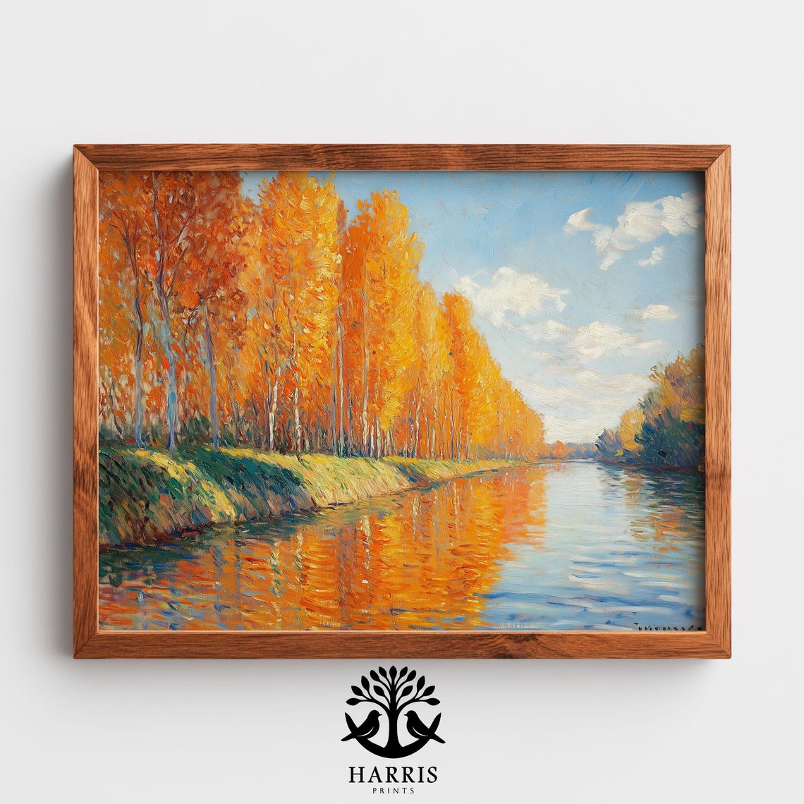 Rustic Autumn Riverscape Painting Tall Poplar Trees With Orange Leaves Classic Fall Landscape Wall Art 342