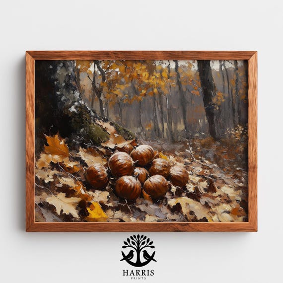Rustic Autumn Chestnut Still Life Earthy Fall Wall Art Moody Forest Floor Scene Cozy Vintagestyle 426