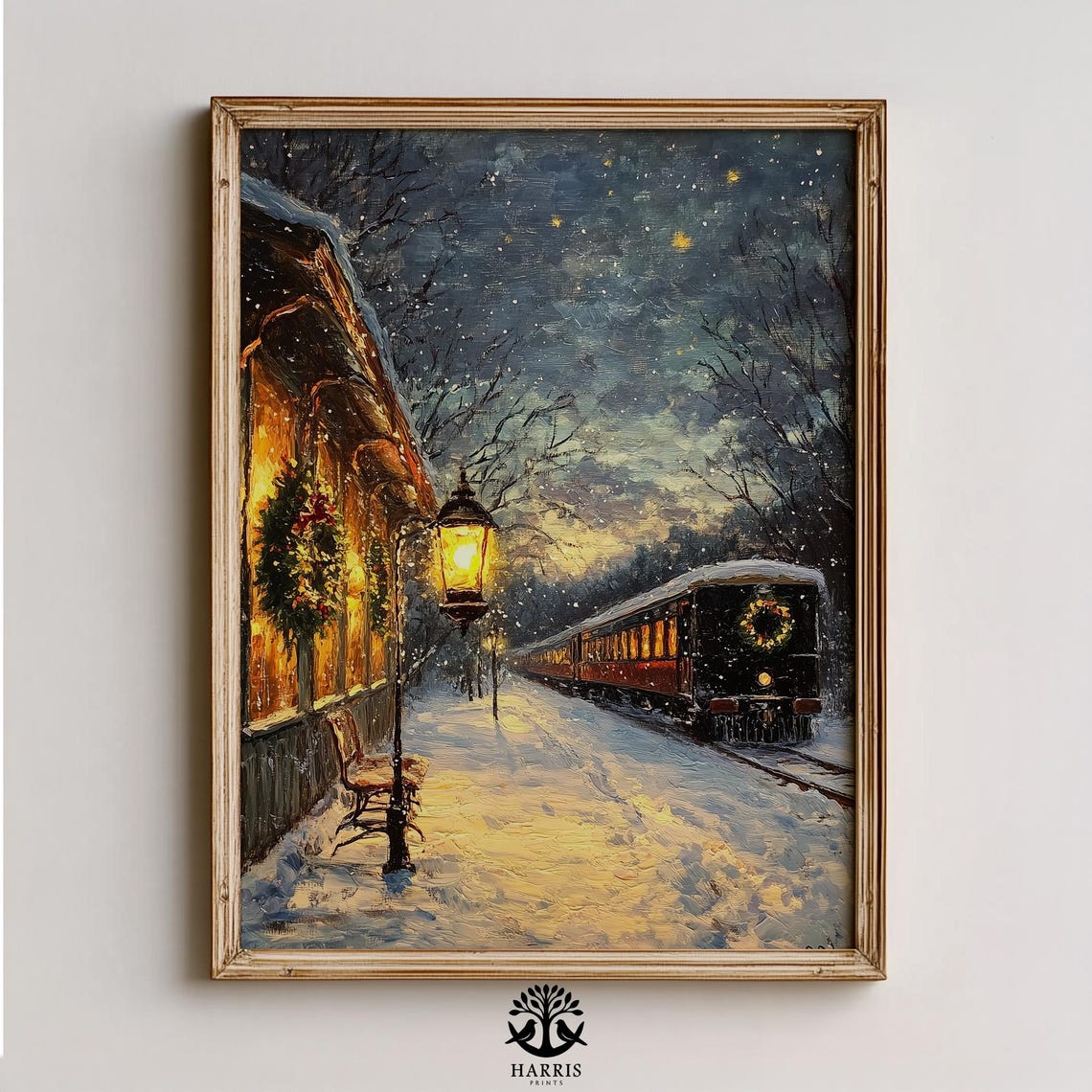 Vintage Railway Lantern Snowy Night Train Platform Art Poster