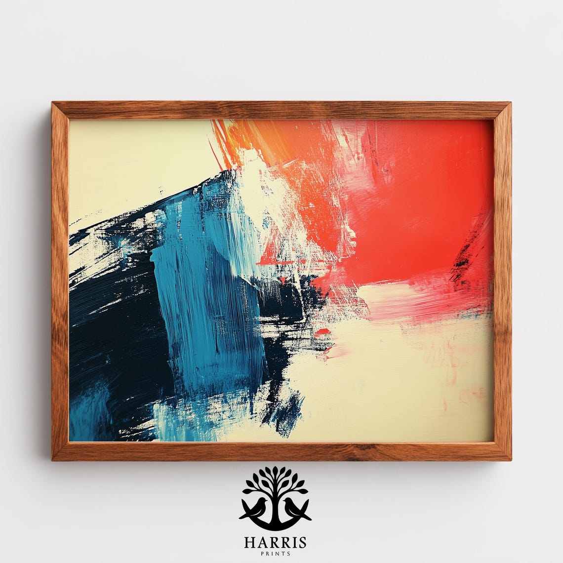 Navy Blue Crimson Cream Abstract Brushstroke Modern Wall Art