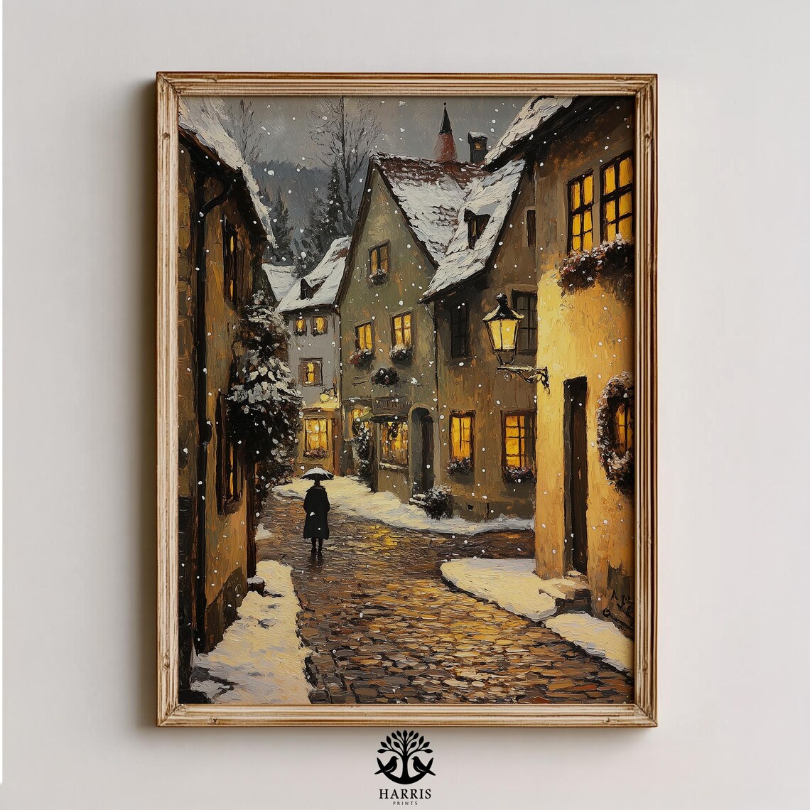 Snowy Austrian Village Cobblestone Street Night Cozy Winter Art Poster