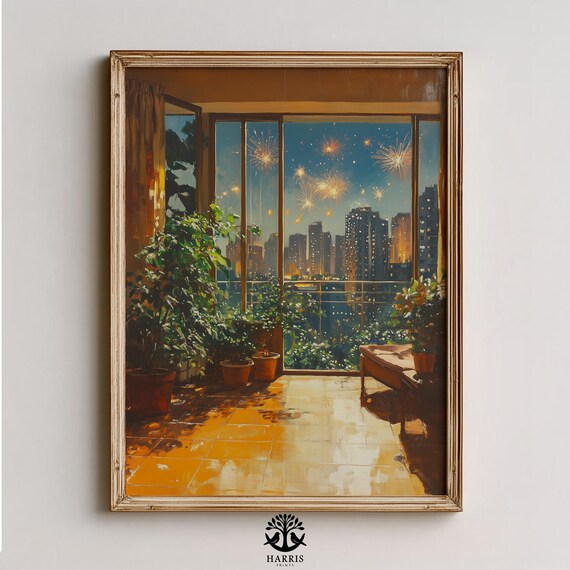 Cozy Urban Balcony View At Golden Hour Warm Cityscape With Lush Greenery Nostalgic Interior Decor Wall Art 379