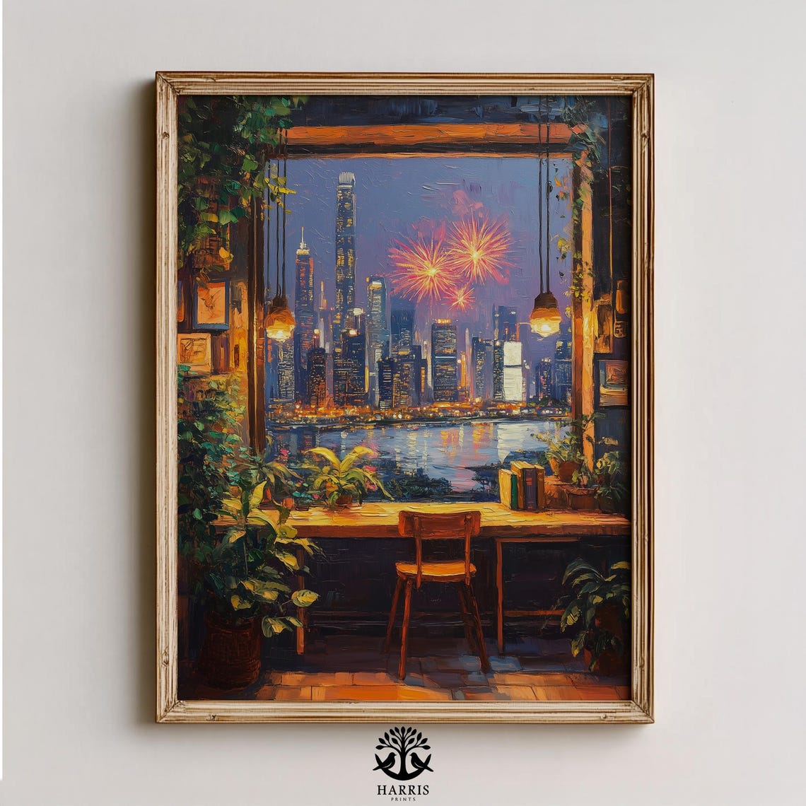 Cozy Cafe Window Fireworks Night City Skyline Painting Poster