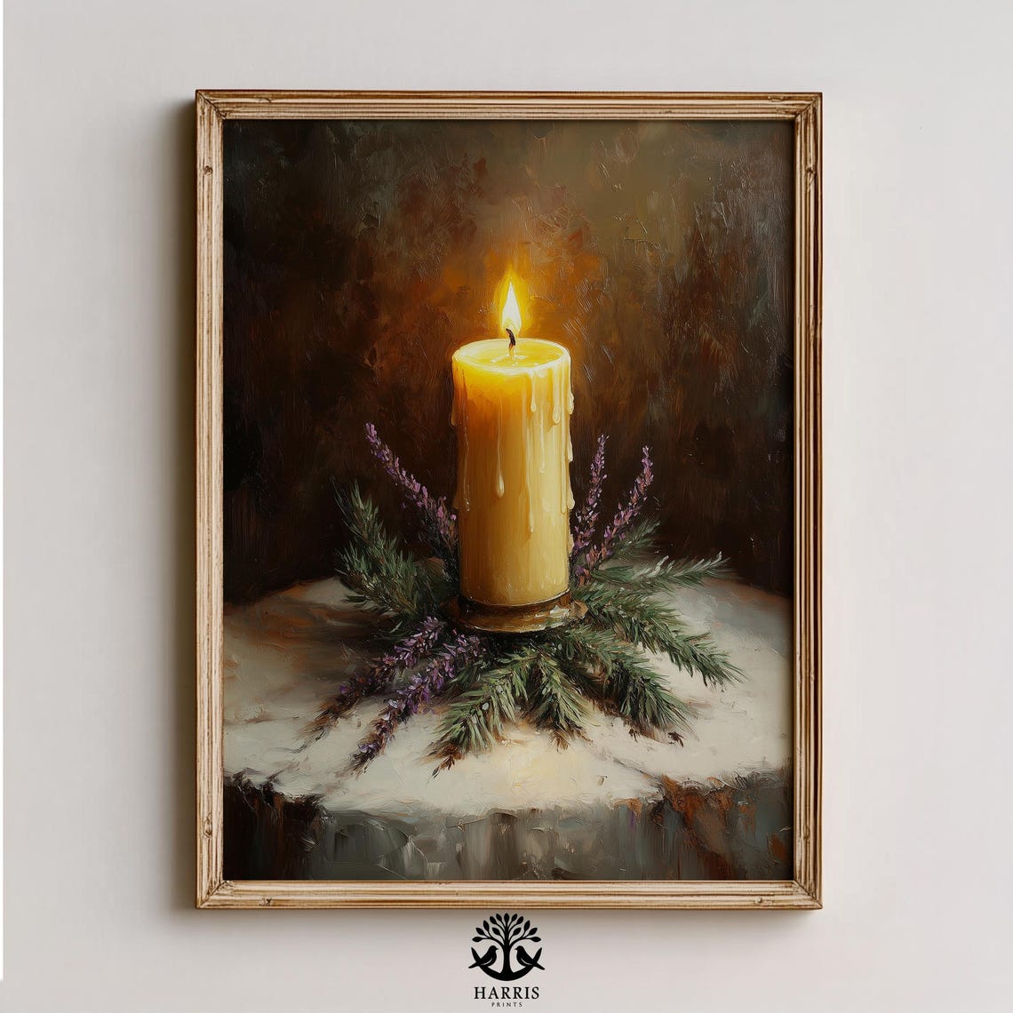 Lit Candle Evergreen Sprigs Festive Winter Still Life Oil Poster
