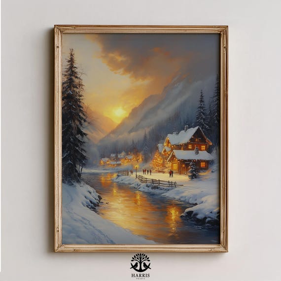 Cozy Winter Village At Twilight Rustic Landscape Art Moody Scene With Cottage Skaters Frozen Pond Wall 490