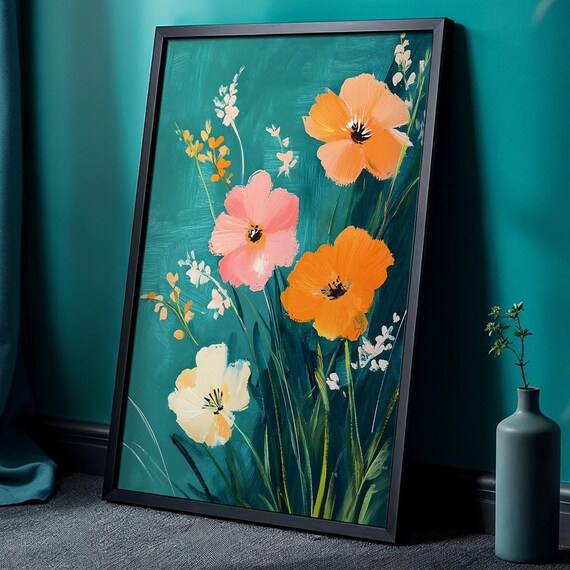 Vibrant Floral Wall Art Colorful Wildflowers Print Digitally Painted Botanical Instant Bold Flowers With Teal Background