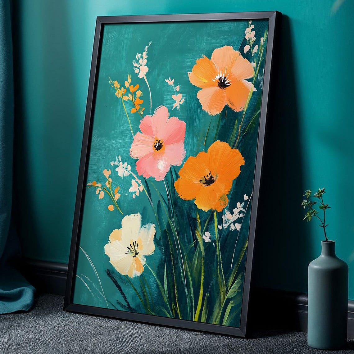 Bold Vibrant Orange Pink Wildflowers Teal Botanical Art Poster