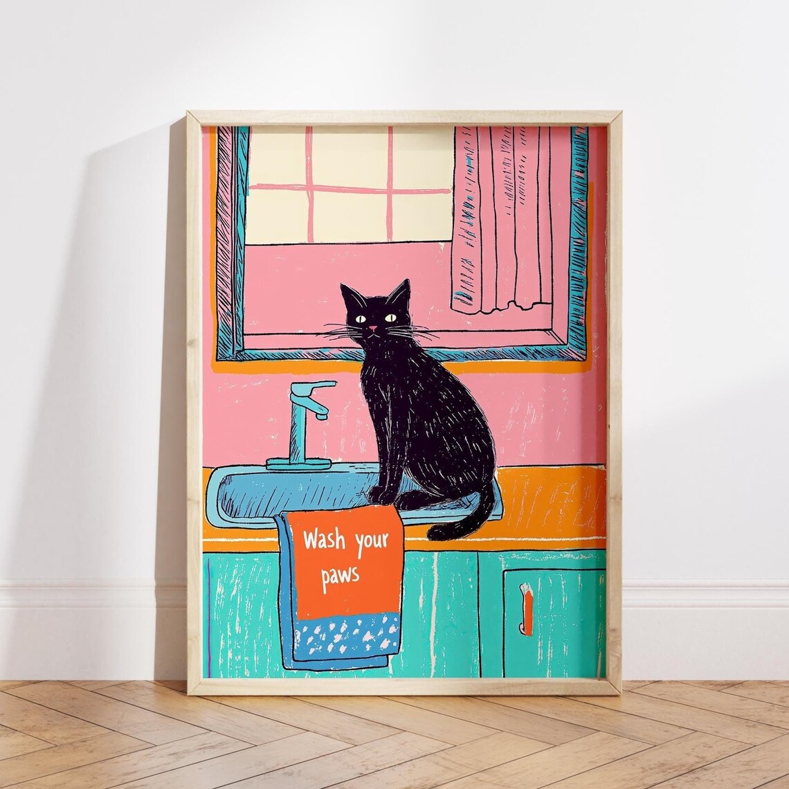 Wash Your Paws Funny Cat Poster, Bathroom Decor