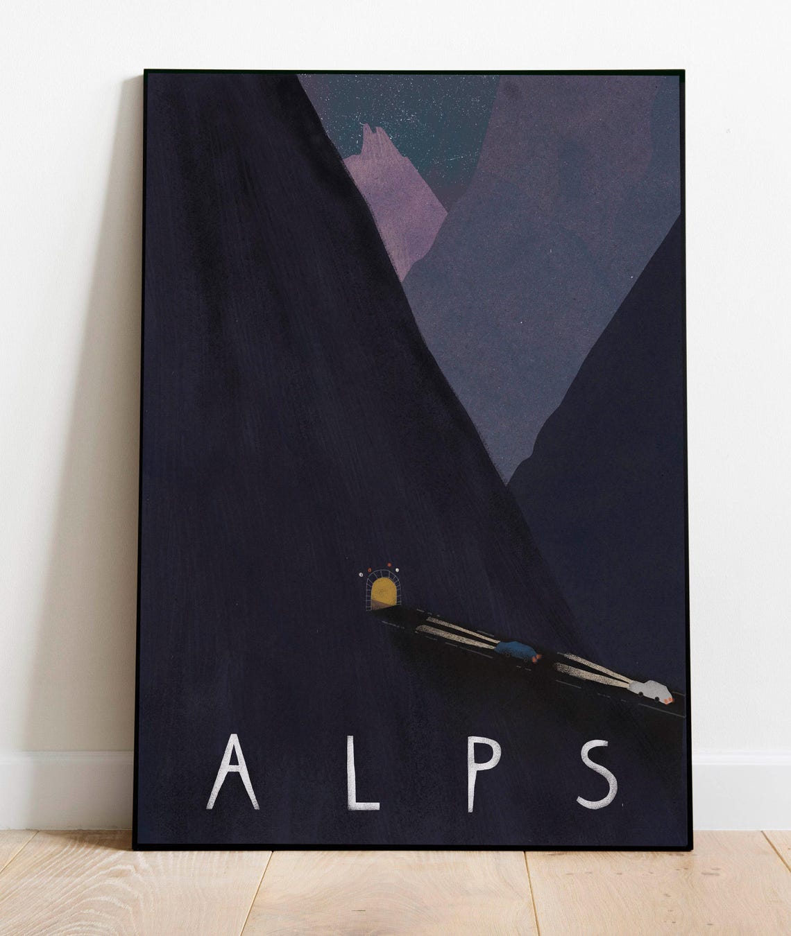 Alps Night Train Mountain Tunnel Starry Peaks Dramatic Travel Poster