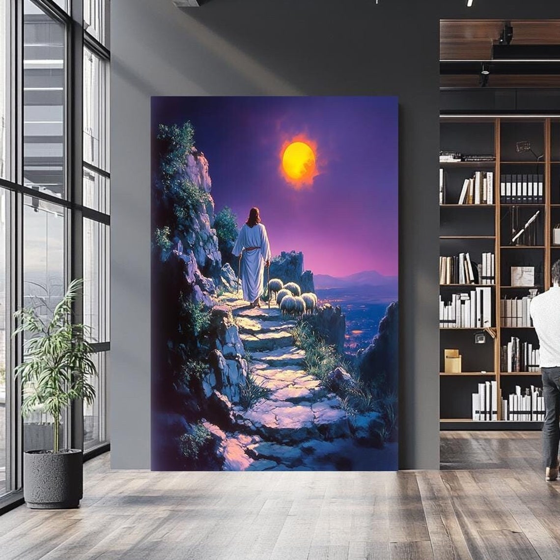 Jesus The Good Shepherd Leading Sheep Mountain Path Sunset Wall Art
