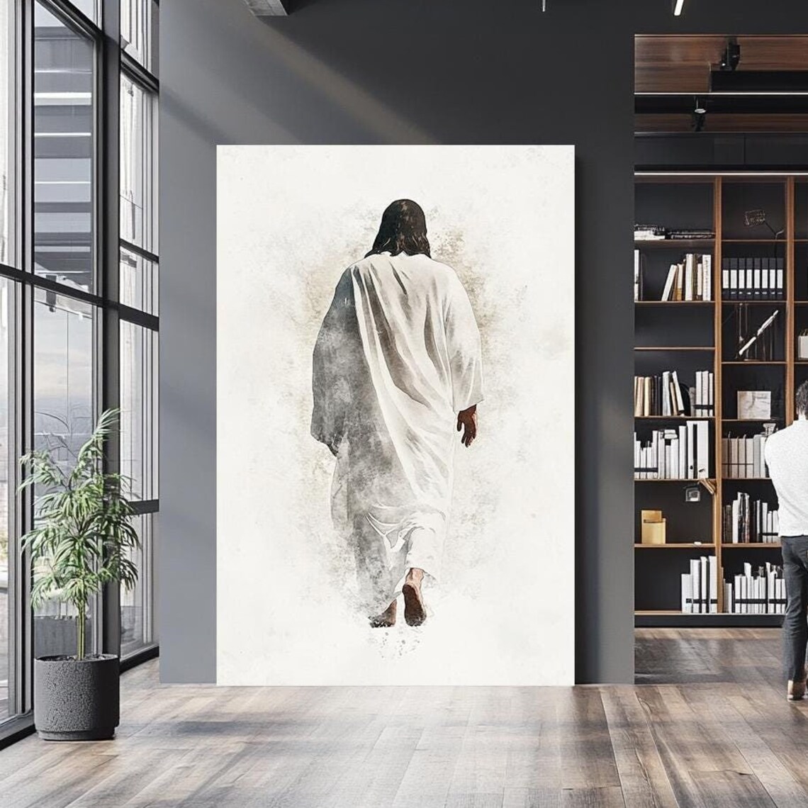 Jesus Walking Away Watercolor White Robe Minimalist White Background Poster