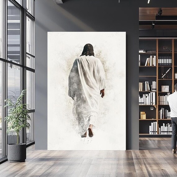 Jesus Walking Away Watercolor White Robe Minimalist White Background Poster