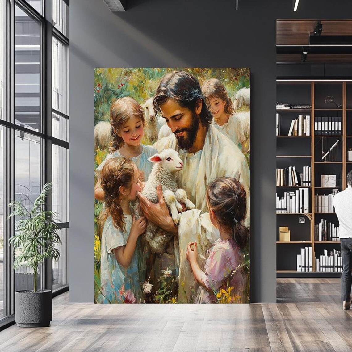 Jesus Holding Lamb Surrounded By Children Pastoral Christian Wall Art