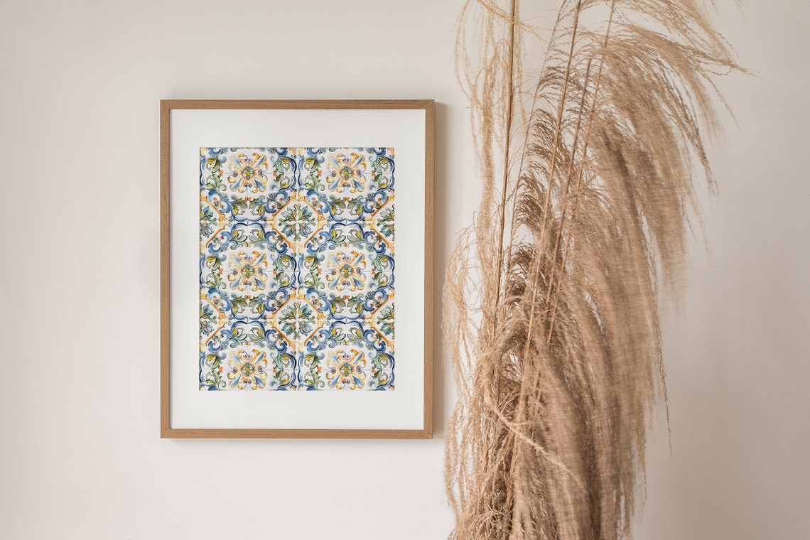 Blue Yellow Spanish Tile Pattern Mediterranean Ornate Wall Art - Image 3