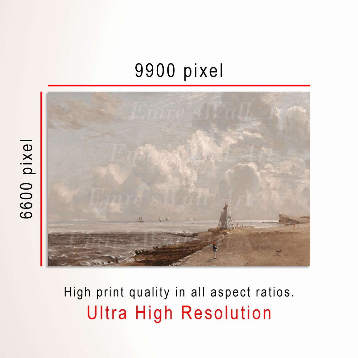 Vintage Coastal Painting Beach With Watchtower Ships Cloudy Sky Art Poster - Image 3
