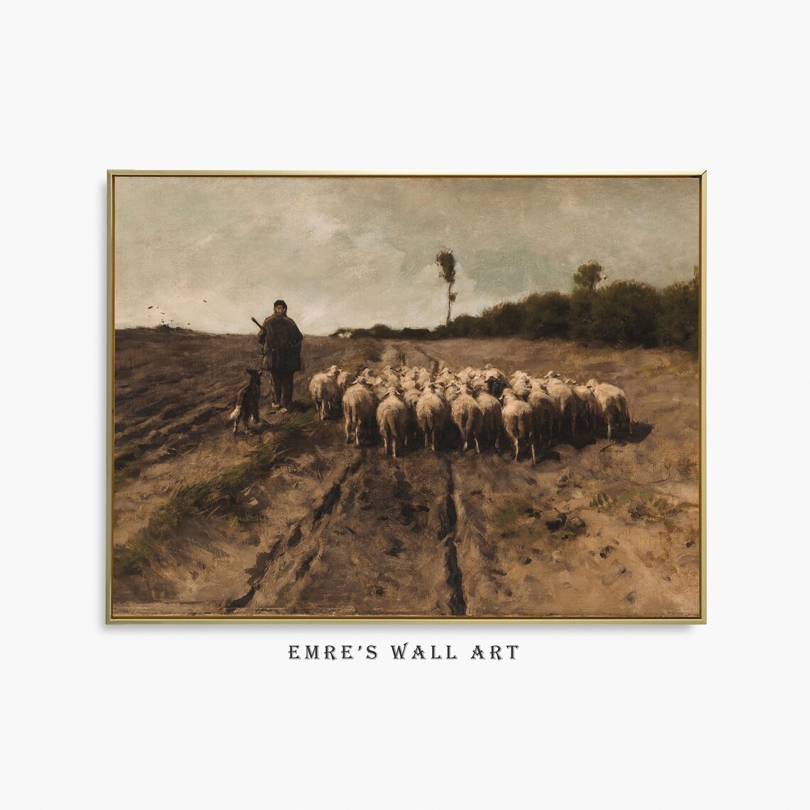 Shepherd with Sheep Flock on Brown Field Vintage Farm Poster