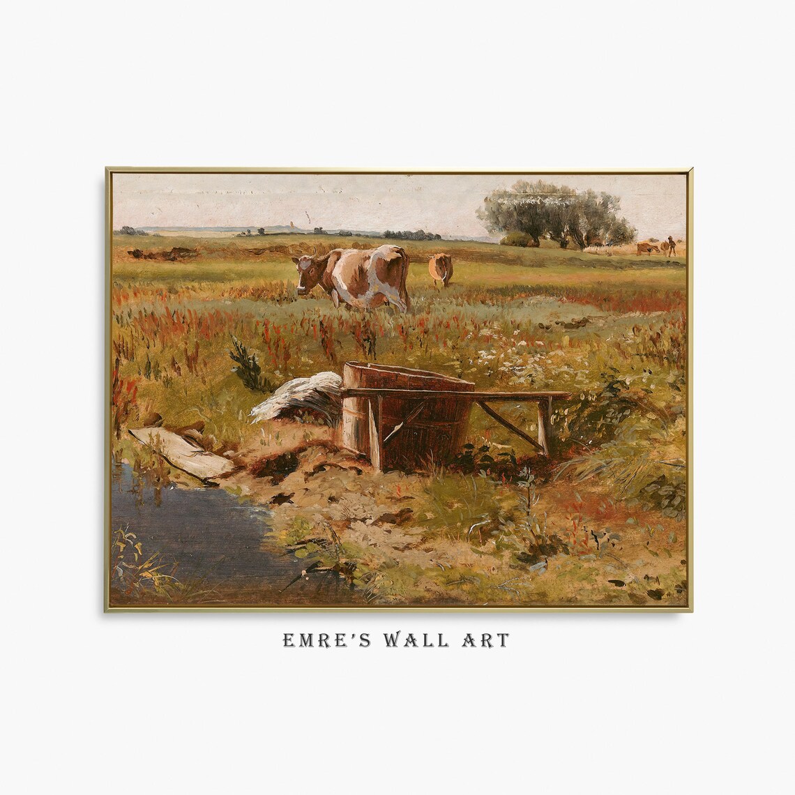 Cow At Wooden Well Summer Meadow Vintage Farm Painting Poster
