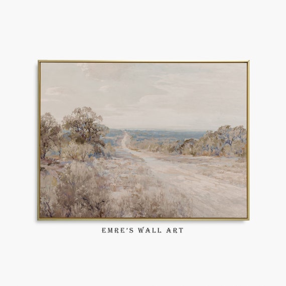 Rustic Landscape Wall Art Vintage Neutral Countryside Road Poster Vintage Farmhouse Watercolor Print Oil Painting Artwork