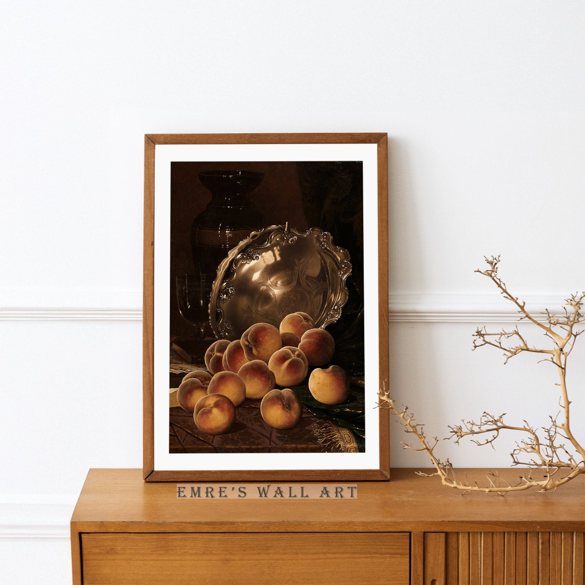 Glowing Peaches Silver Platter Dark Still Life Vintage Fruit Poster - Image 2