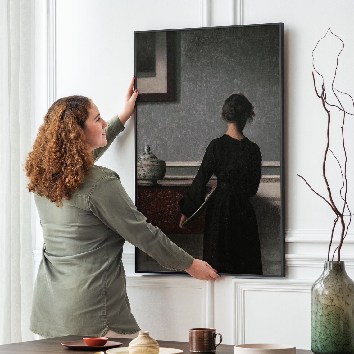 Woman in Black Dress Seen from Behind Grey Interior Vintage Poster - Image 2
