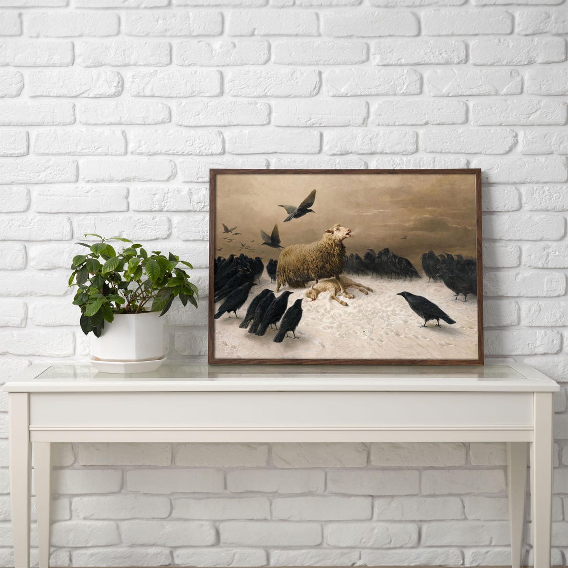 Sheep Protecting Lamb from Crows in Snow Vintage Oil Painting Poster - Image 2