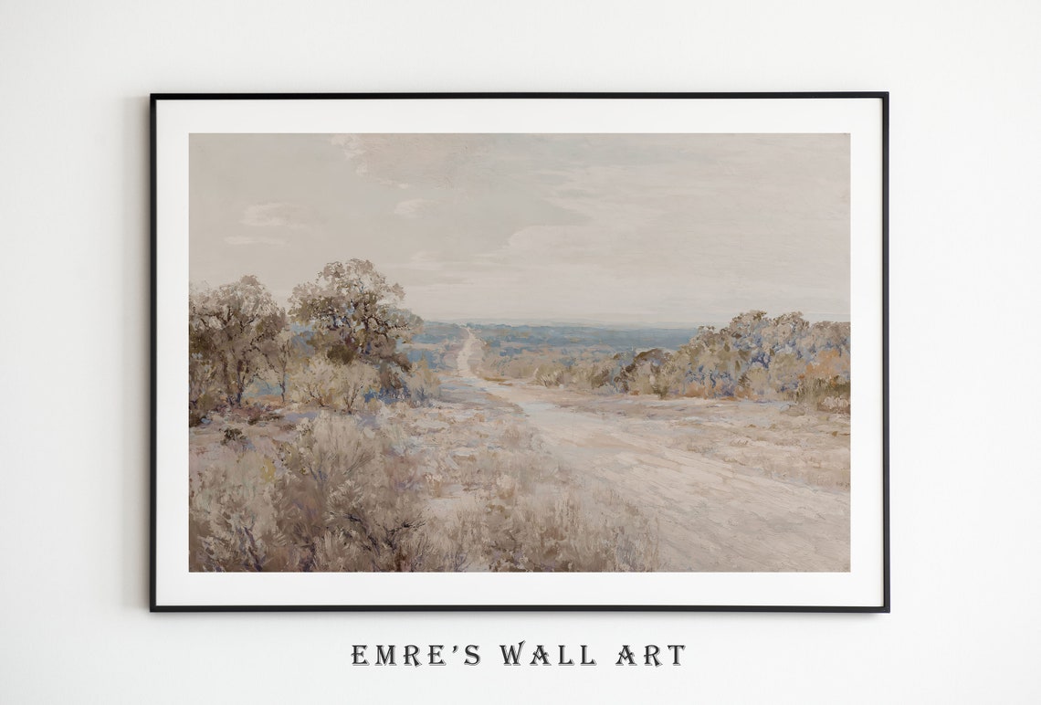 Muted Country Road Beige Landscape Soft Field Painting Poster - Image 4