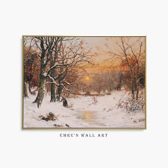 Snowy Forest Landscape Painting, Rustic Winter