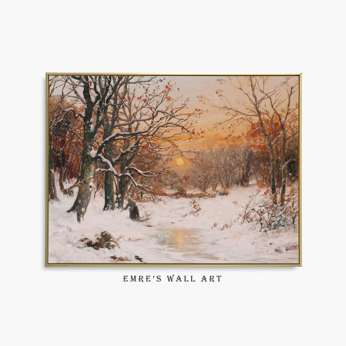 Snowy Forest Landscape Painting, Rustic Winter