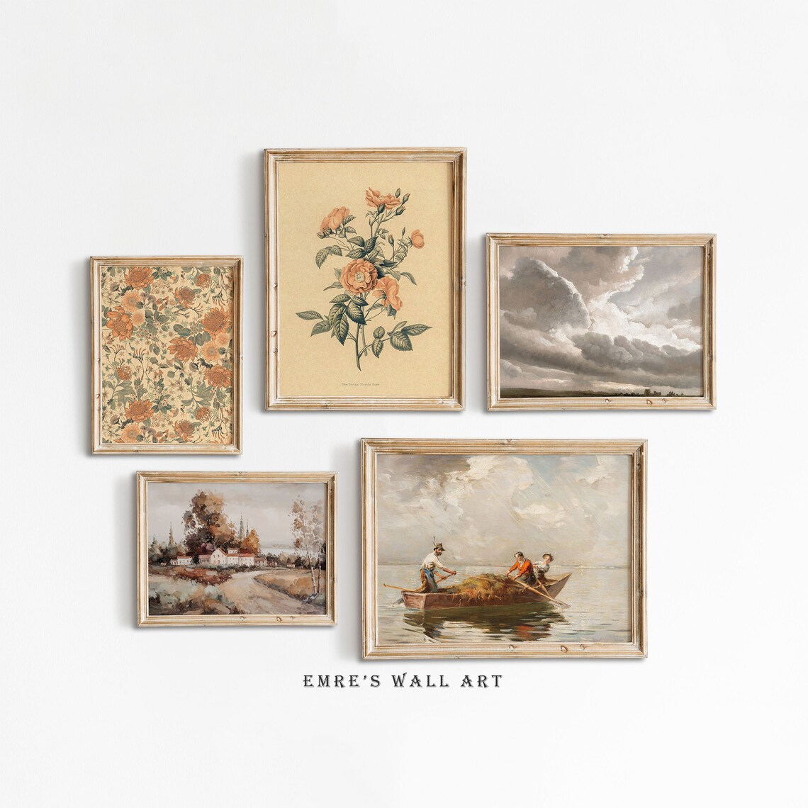 Set of 5 Neutral Vintage Gallery Prints Rustic Landscape Floral Wall Art