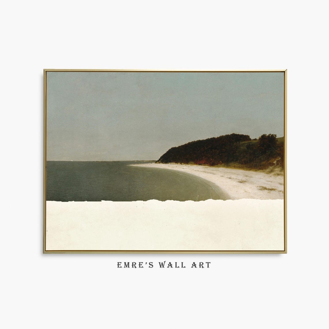 Serene Beach Seascape Painting with Torn Paper Collage Edge Poster