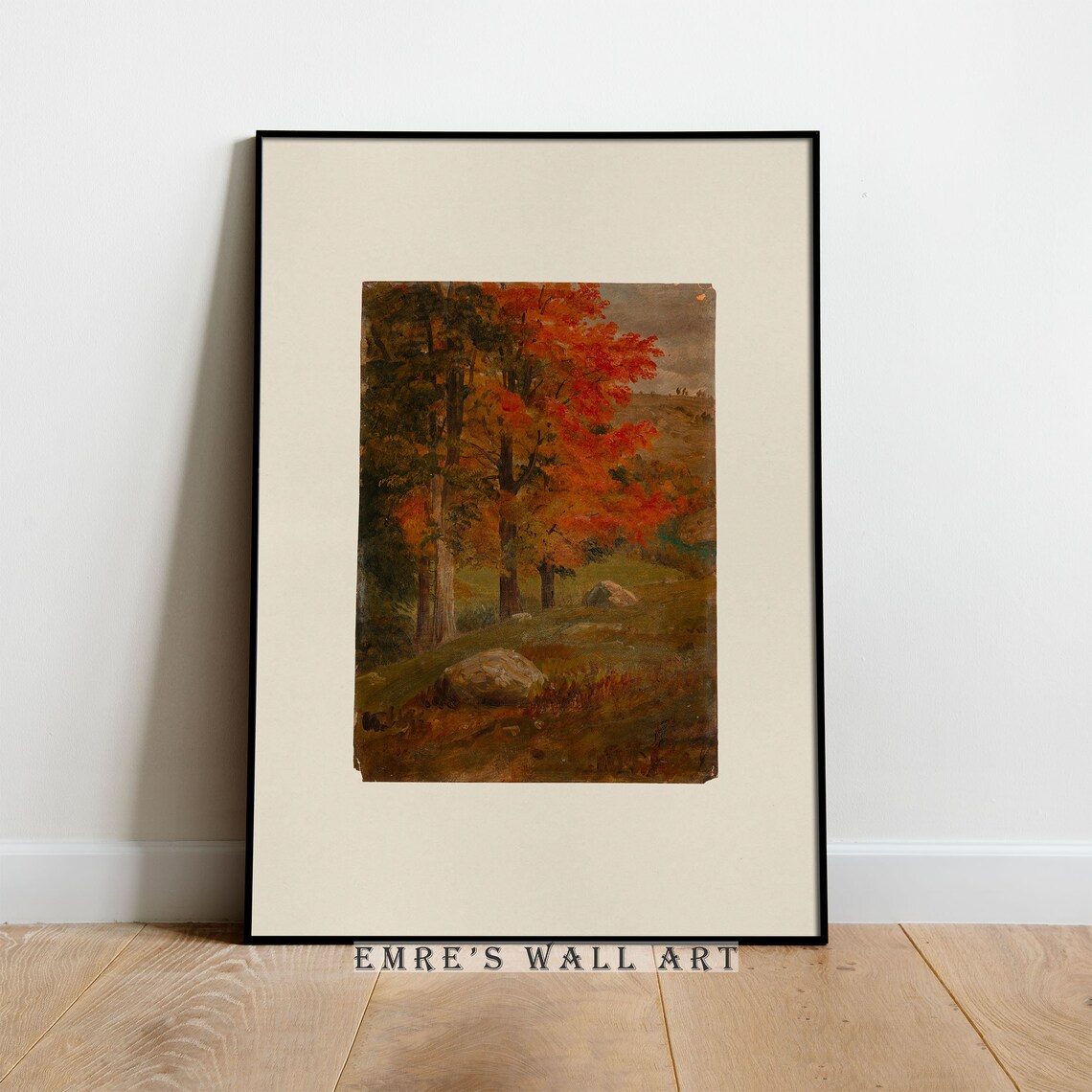 Matted Autumn Tree Painting Vintage Fall Foliage Slope Landscape Poster - Image 4