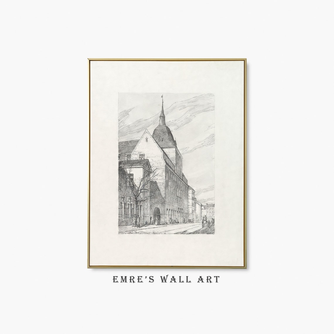 Old Church Spire Vintage Architectural Pencil Sketch Drawing Poster