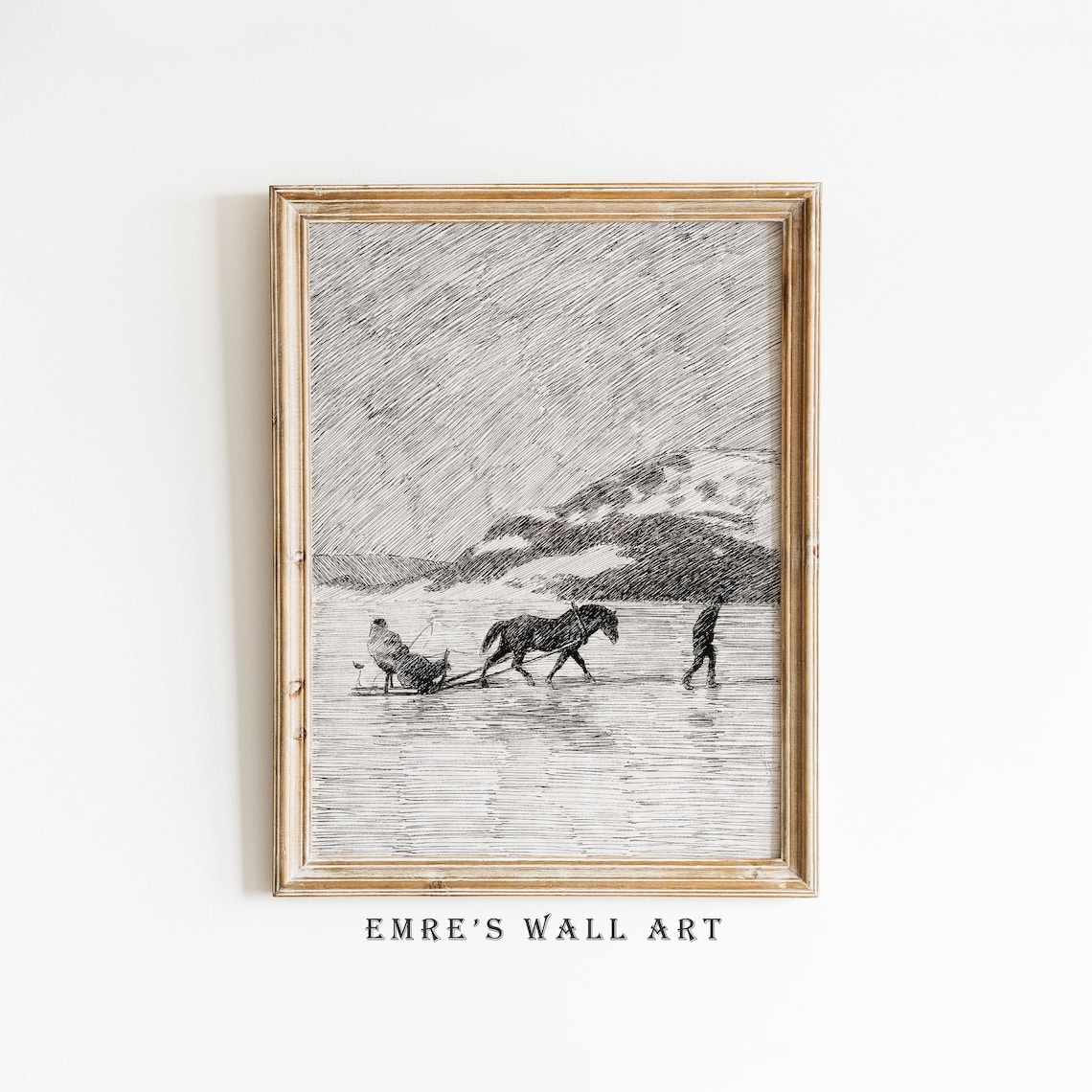 Horse Drawn Sled Crossing Winter Ice Pen Ink Sketch Fine Poster