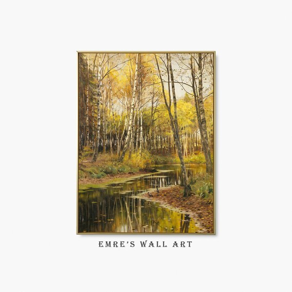 Golden Autumn Birch Forest Painting Pond Reflections Yellow Leaves Poster