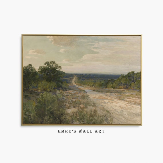Country Road Landscape Print Vintage Rustic Farmhouse Painting Earth Tone Wall Art