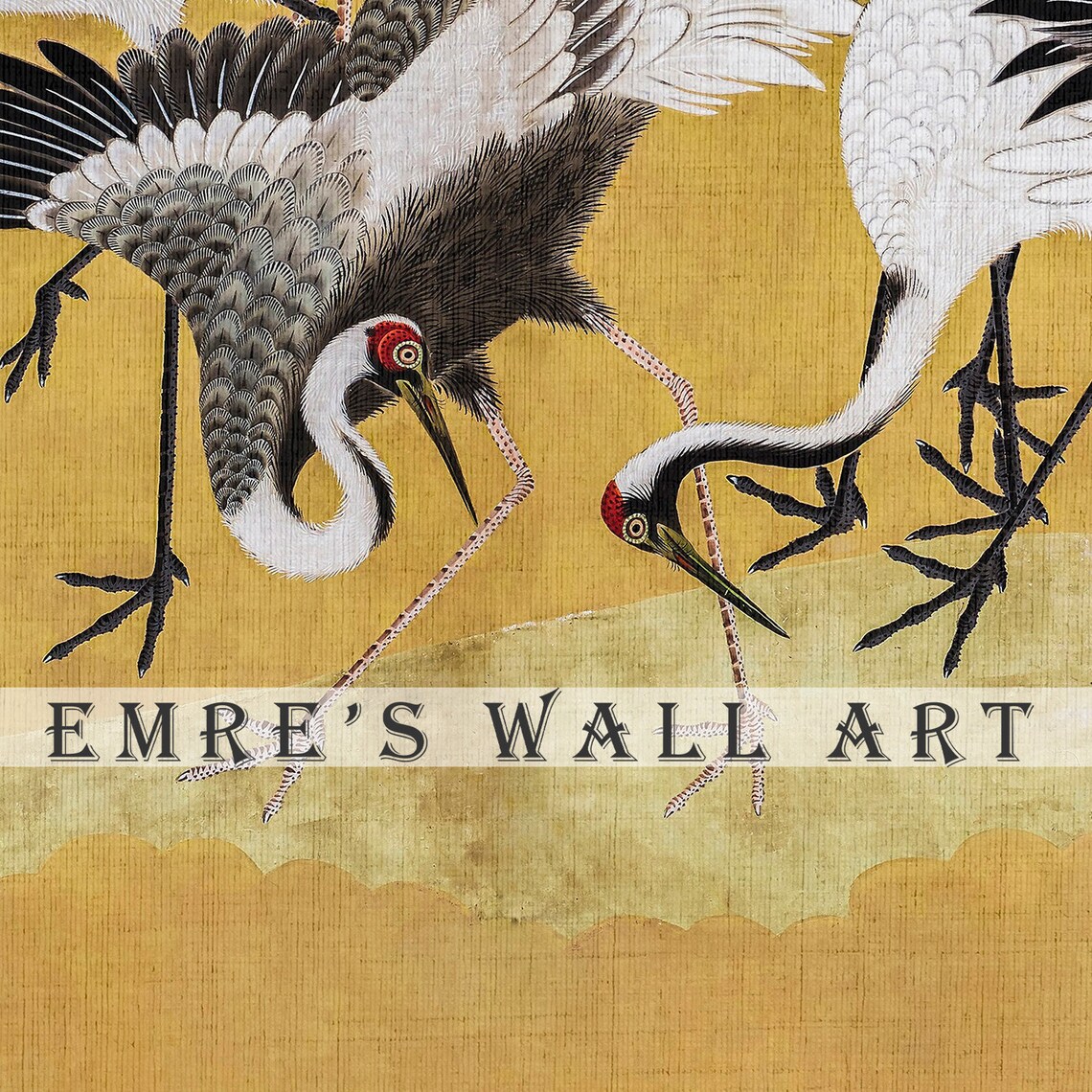 Flock of Japanese Cranes on Gold Leaf Vintage Asian Artwork Poster - Image 2