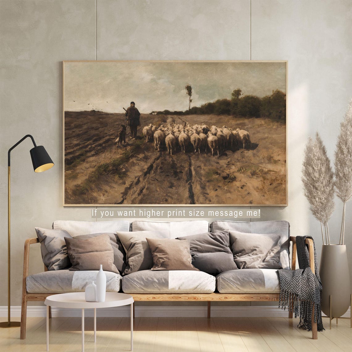 Shepherd with Sheep Flock on Brown Field Vintage Farm Poster - Image 2
