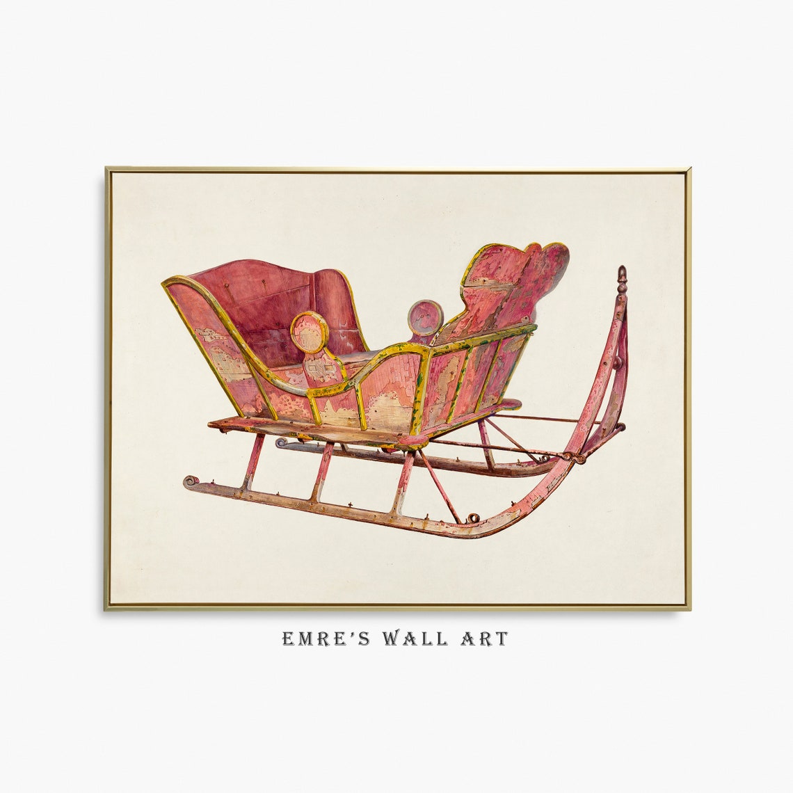 Vintage Red Horse Drawn Sleigh Rustic Christmas Winter Poster