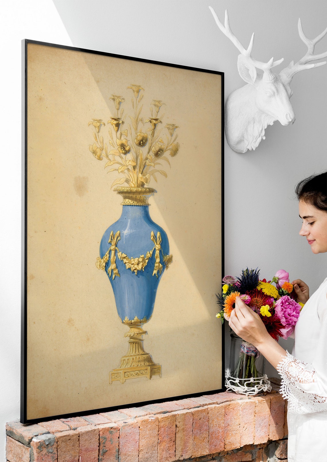 Blue and Gold Porcelain Urn Vintage Botanical Still Life Art Poster - Image 2