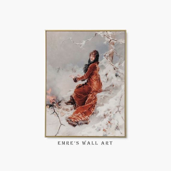 Vintage Woman Oil Painting Winter Art Print