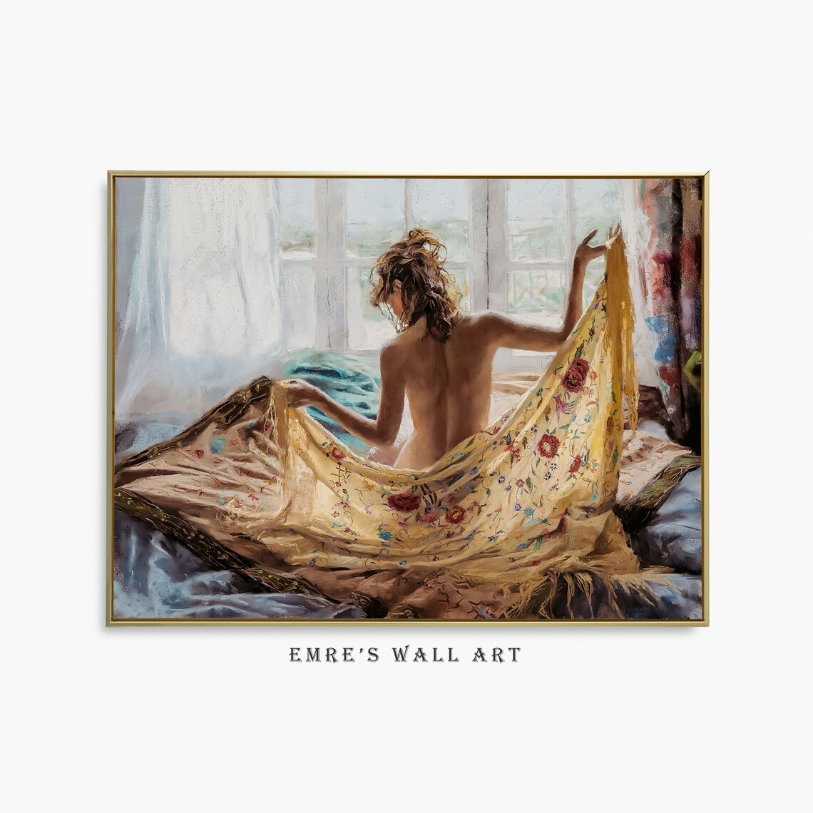 Naked Woman Sitting Bed Vintage Portrait Art Print