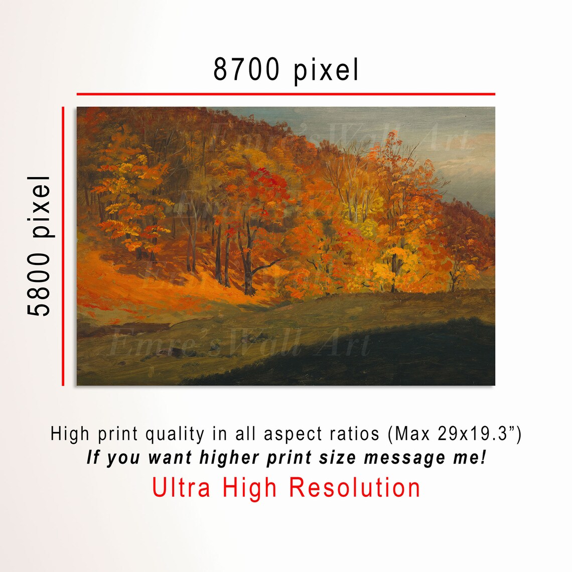Golden Autumn Maple Hillside Painting Fiery Orange Fall Forest Wall Art - Image 3