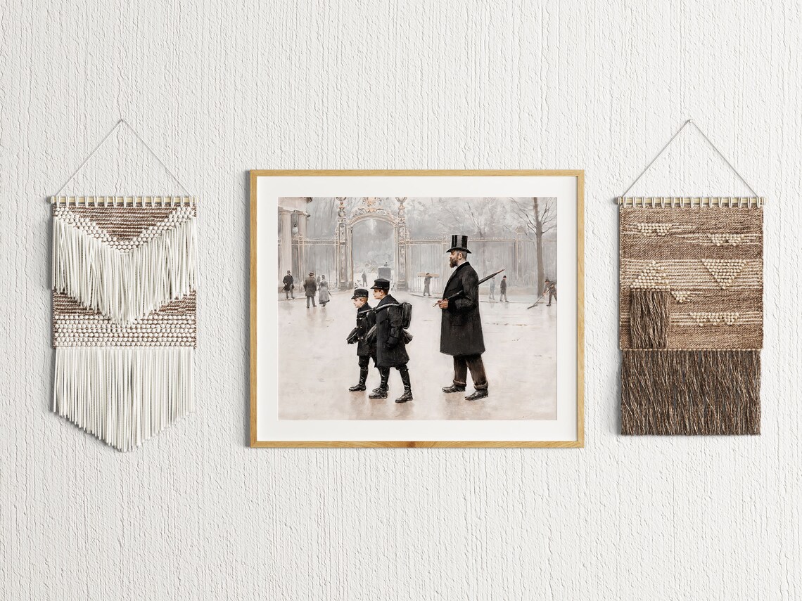 Father And Sons Oil Painting Vintage Winter Wall Art Gentleman Art Moody Neutral Decor Vintage People Painting Winter Prints - Image 2