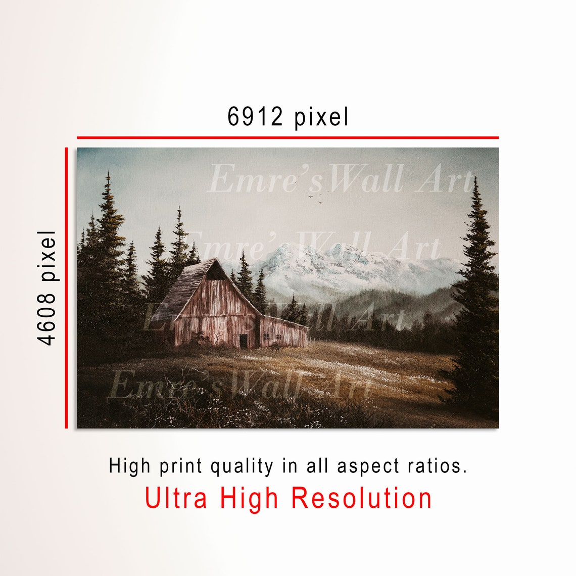 Rustic Old Wooden Barn Vast Snowy Mountains Pine Forest Poster - Image 3
