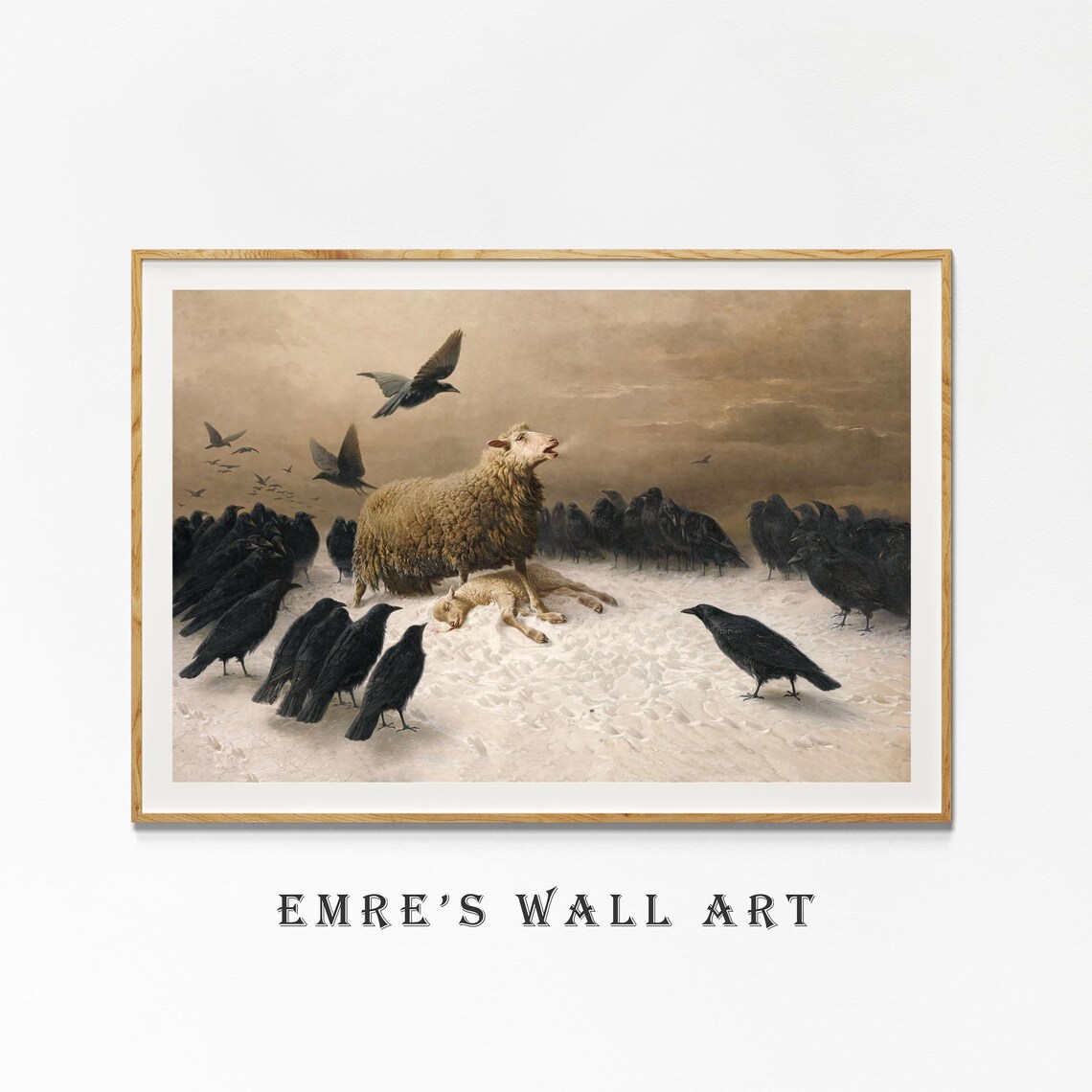Sheep Protecting Lamb from Crows in Snow Vintage Oil Painting Poster - Image 4