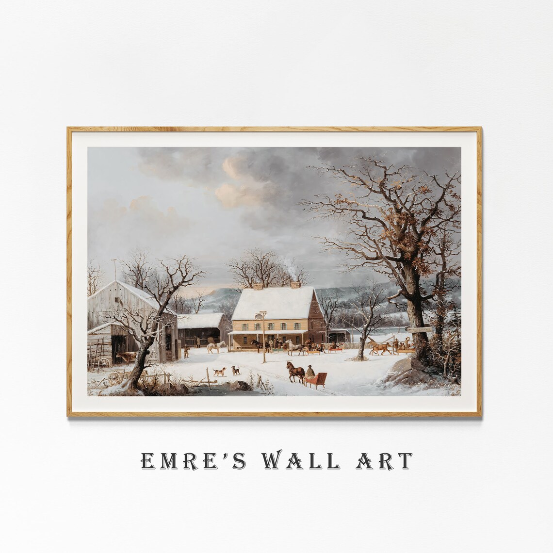 Winter Farmhouse Horses Sleigh Snow Vintage Country Scene Painting Poster - Image 4