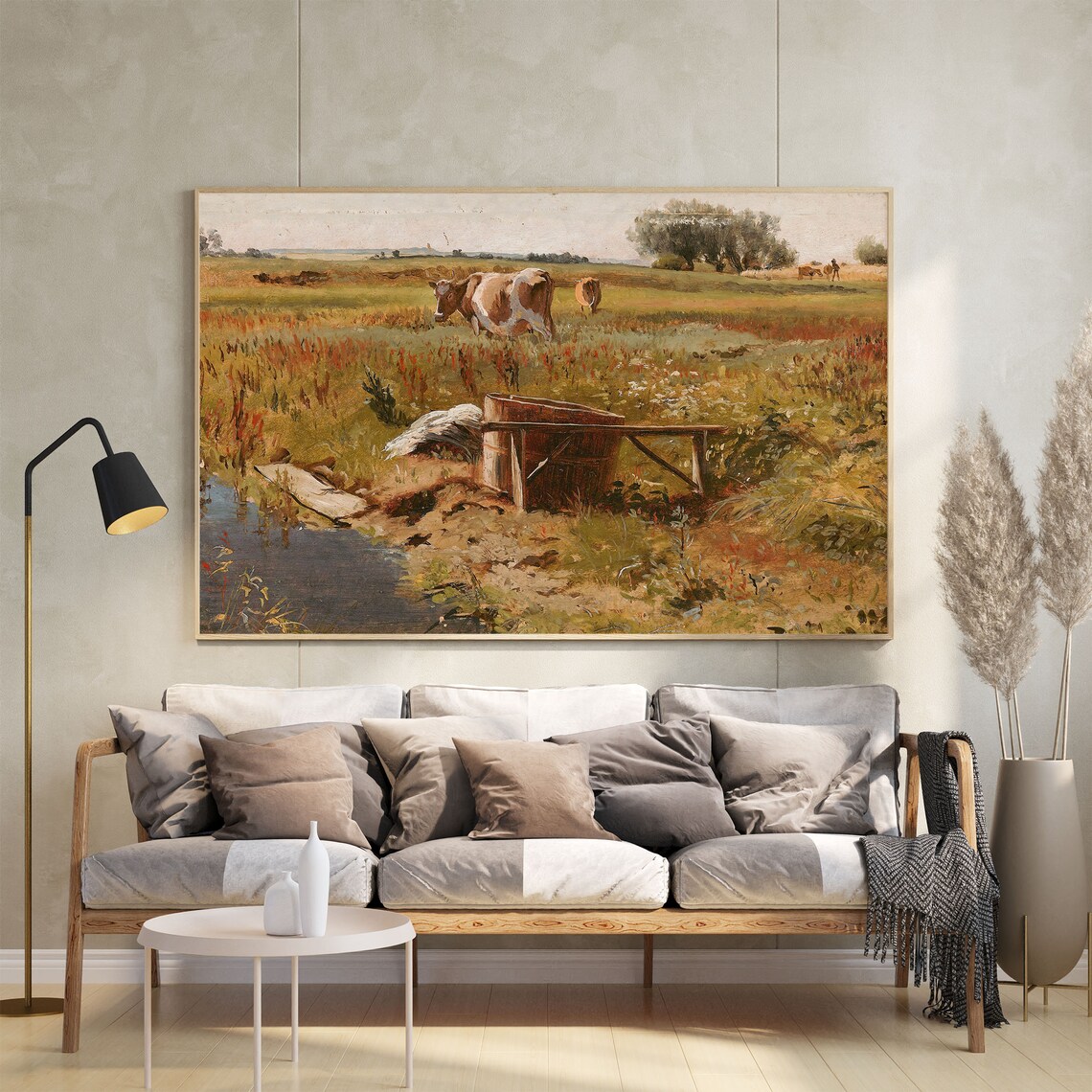 Cow At Wooden Well Summer Meadow Vintage Farm Painting Poster - Image 2
