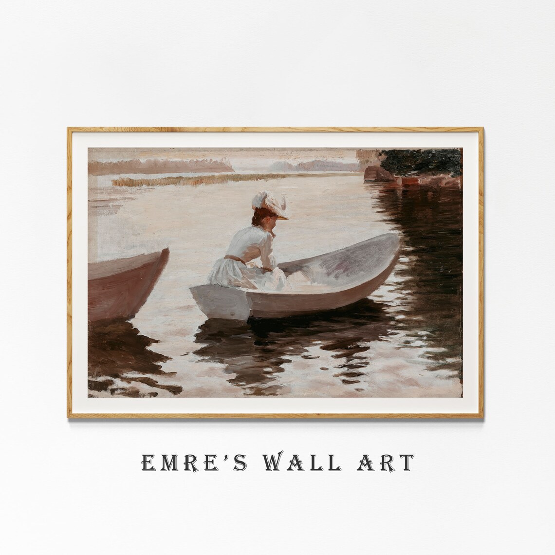 Woman in White Dress in Rowboat on Calm Lake Vintage Painting Poster - Image 4